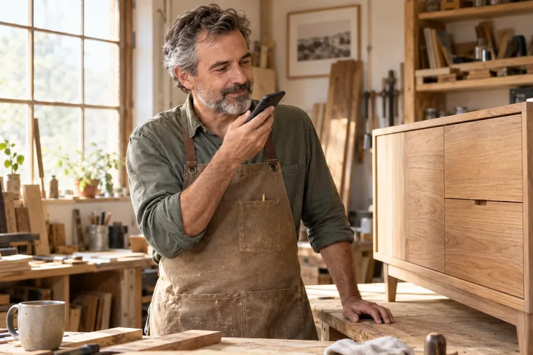 Carpintero dictando al móvil junto a un mueble de madera terminado