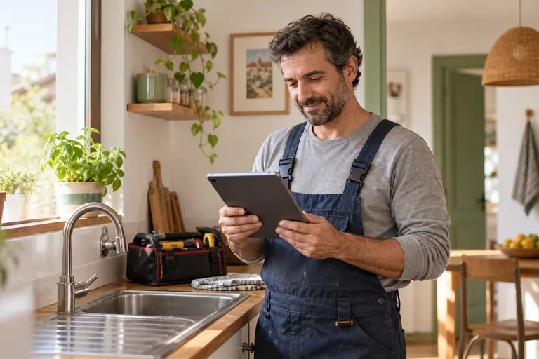Fontanero revisando una tablet junto al fregadero de una cocina luminosa