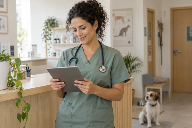 Veterinaria sonriendo mientras revisa una tablet en su clínica